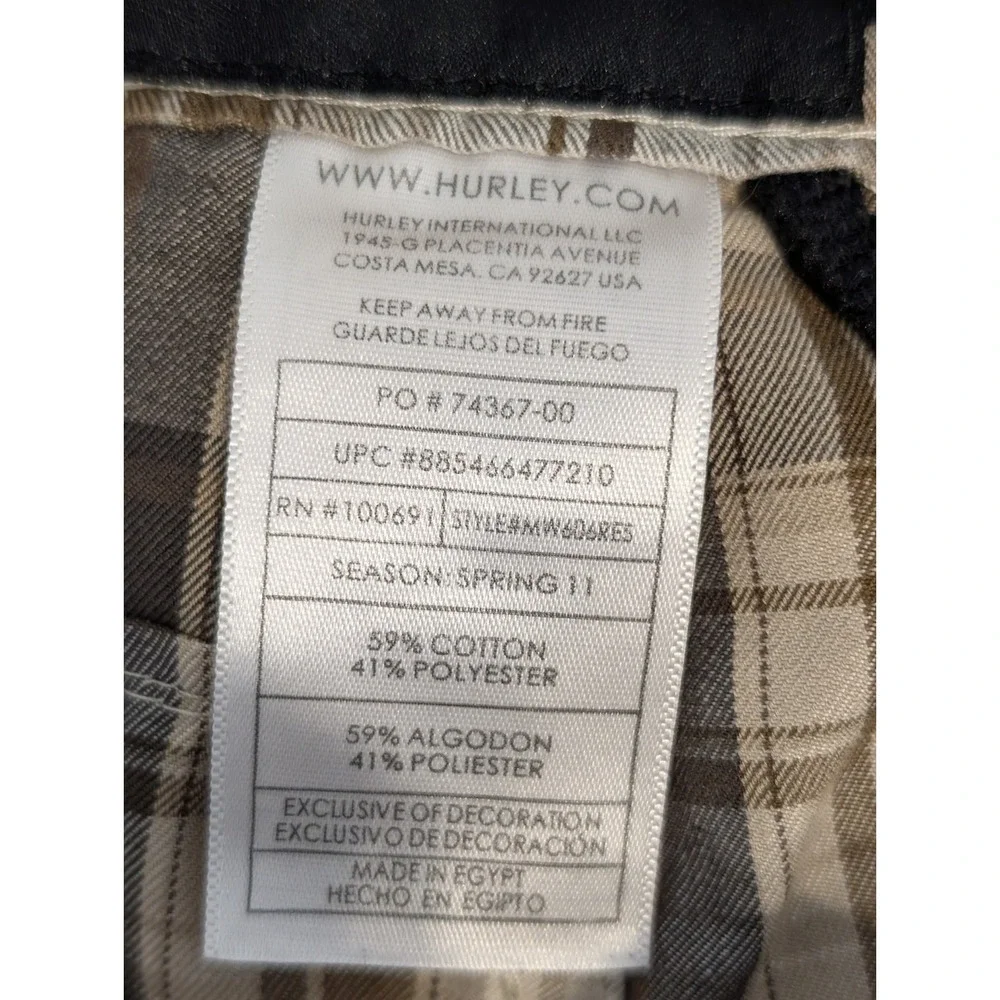 Hurley Men's Shorts Size 36 Plaid Pockets Logo Flat Front‎